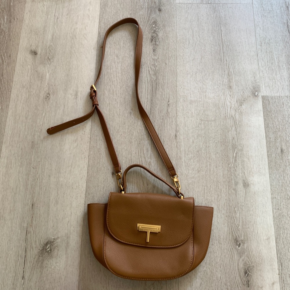 Tahari Cognac Pebbled Leather Crossbody Bag Gold T Logo Top Handle Satchel Brown